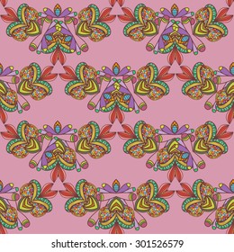 Patrón sin foco. Patrón sin fisuras de elementos étnicos en un fondo rosado. Se puede usar para el diseño de tela, web, papel pintado, envoltura