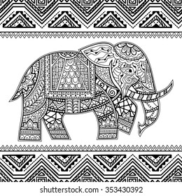 Seamless Pattern with Hand Drawn Ethnic Elephant. Zenart Stylized