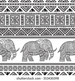 Seamless Pattern with Hand Drawn Ethnic Elephant. Zenart Stylized