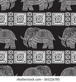 Seamless Pattern with Hand Drawn Ethnic Elephant. Zenart Stylized