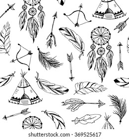 Seamless pattern with hand drawn ethnic arrows, feathers, design elements. Vector tribal boho native style background. Perfect for textile fabric design, decorative paper and website wallpaper