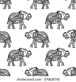 Seamless Pattern with Hand Drawn Ethnic Elephant. Zenart Stylized