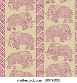 Seamless Pattern with Hand Drawn Ethnic Elephant. Zenart Stylized