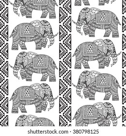 Seamless Pattern with Hand Drawn Ethnic Elephant. Zenart Stylized