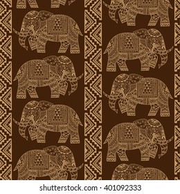 Seamless Pattern with Hand Drawn Ethnic Elephant. Zenart Stylized