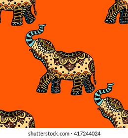 Seamless Pattern with Hand Drawn Ethnic Elephant. Zenart Stylized