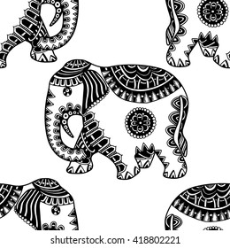Seamless Pattern with Hand Drawn Ethnic Elephant. 