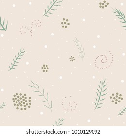 Seamless pattern with hand drawn evergreen spruce, fir branches and twigs on dotted background on subtle beige. Scandinavian Syle.  Vector Illustration