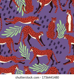 Seamless pattern with hand drawn exotic big cat cheetahs, with tropical plants and abstract elements on purple background. Colorful flat vector illustration