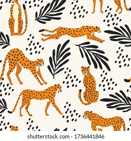 Seamless pattern with hand drawn exotic big cat cheetahs, with tropical plants and abstract elements on white background. Colorful flat vector illustration