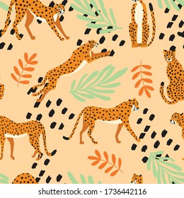 Seamless pattern with hand drawn exotic big cat cheetahs, with tropical plants and abstract elements on light orange background. Colorful flat vector illustration