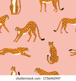 Seamless pattern with hand drawn exotic big cat cheetahs, stretching, running, sitting and walking on pink background. Colorful flat vector illustration