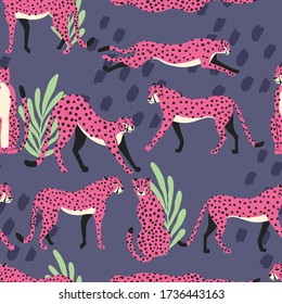 Seamless pattern with hand drawn exotic big cat pink cheetahs, with tropical plants and abstract elements on purple background. Colorful flat vector illustration