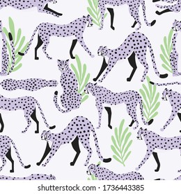 Seamless pattern with hand drawn exotic big cat light purple cheetahs, with tropical leaves on white background. Colorful flat vector illustration