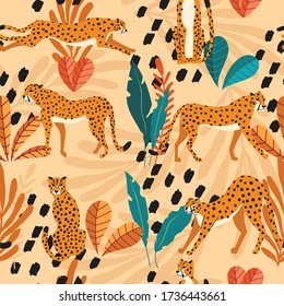 Seamless pattern with hand drawn exotic big cat cheetahs, with tropical plants and abstract elements on light orange background. Colorful flat vector illustration