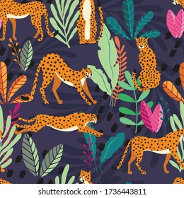 Seamless pattern with hand drawn exotic big cat cheetahs, with tropical plants and abstract elements on dark purple background. Colorful flat vector illustration