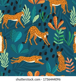 Seamless pattern with hand drawn exotic big cat cheetahs, with tropical plants and abstract elements on dark green background. Colorful flat vector illustration