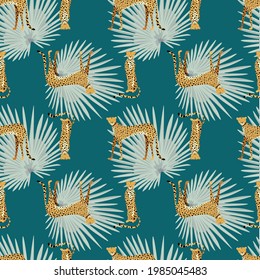 Seamless pattern with hand drawn exotic leopards and cheetahs, with tropical leaves on dark turquoise background. Colorful flat vector illustration. Exotic jungle illustration wallpaper