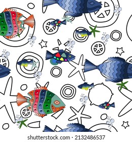 Seamless pattern with hand drawn exotic fishes and sea stars. 