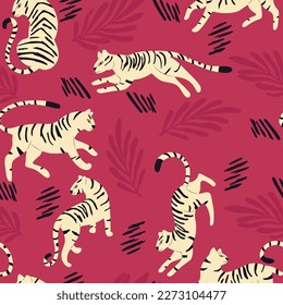 Seamless pattern with hand drawn exotic big cat white tiger, with tropical plants and abstract elements on viva magenta background. Colorful flat vector illustration