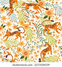 Seamless pattern with hand drawn exotic big cat tiger, with tropical plants, flowers and abstract elements on white background. Colorful flat vector illustration