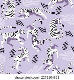 Patrón sin foco con tigre blanco de gato grande dibujado a mano, con plantas tropicales y elementos abstractos sobre fondo morado claro. Ilustración de vector plana colorida