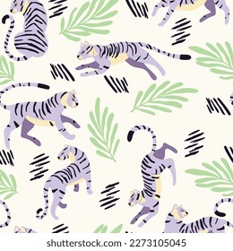 Seamless pattern with hand drawn exotic big cat purple tiger, with tropical plants and abstract elements on white background. Colorful flat vector illustration