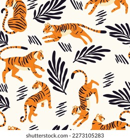 Seamless pattern with hand drawn exotic big cat tiger, with tropical plants and abstract elements on cream background. Colorful flat vector illustration