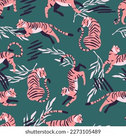 Seamless pattern with hand drawn exotic big cat pink tiger, with tropical plants and abstract elements on green background. Colorful flat vector illustration