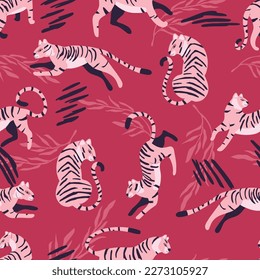 Patrón sin foco con tigre rosa de gato grande y exótico dibujado a mano, con plantas tropicales y elementos abstractos en el fondo viva magenta. Ilustración de vector plana colorida