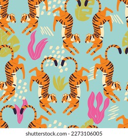 Seamless pattern with hand drawn exotic big cat tiger, with tropical plants and abstract elements on light blue background. Colorful flat vector illustration