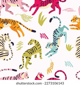 Seamless pattern with hand drawn exotic big cat tigers, in different vibrant colors, with tropical plants and abstract elements on light cream background. Colorful flat vector illustration