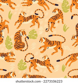 Seamless pattern with hand drawn exotic big cat tiger, with tropical plants and abstract elements on light brown background. Colorful flat vector illustration