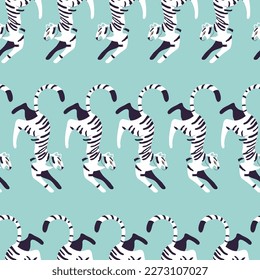 Seamless pattern with hand drawn exotic big cat white tiger, on light blue background. Colorful flat vector illustration