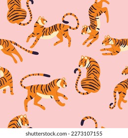 Seamless pattern with hand drawn exotic big cat tiger, on bright pink background. Colorful flat vector illustration