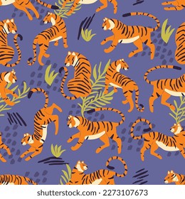 Seamless pattern with hand drawn exotic big cat tiger, with tropical plants and abstract elements on purple background. Colorful flat vector illustration