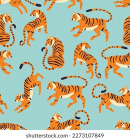 Seamless pattern with hand drawn exotic big cat tiger, on light blue background. Colorful flat vector illustration