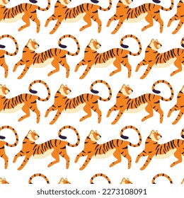 Seamless pattern with hand drawn exotic big cat tiger, on cream background. Colorful flat vector illustration