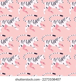 Seamless pattern with hand drawn exotic big cat white tiger, on bright pink background. Colorful flat vector illustration