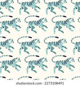 Seamless pattern with hand drawn exotic big cat tiger, in light blue on cream background. Colorful flat vector illustration