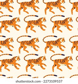 Seamless pattern with hand drawn exotic big cat tiger, on cream background. Colorful flat vector illustration