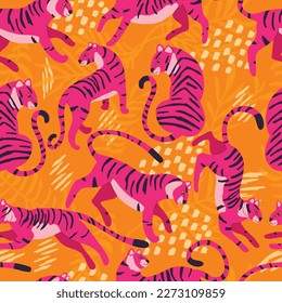 Patrón sin foco con tigre de gato grande, exótico y dibujado a mano, de rosa brillante, con plantas tropicales y elementos abstractos sobre un fondo naranja vibrante. Ilustración de vector plana colorida