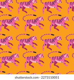 Seamless pattern with hand drawn exotic big cat tiger, in bright pink, on vibrant yellow background. Colorful flat vector illustration