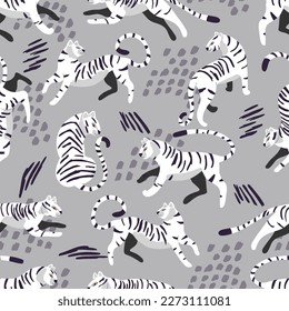 Seamless pattern with hand drawn exotic big cat white tiger, with tropical plants and abstract elements on light gray background. Colorful flat vector illustration