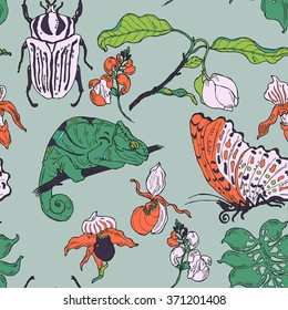 Seamless pattern with hand drawn exotic plants, animals and insects in vector