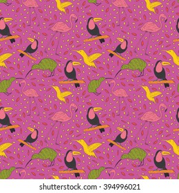 Seamless pattern with hand drawn exotic birds - toucan, flamingo, humming bird, and kiwi bird. Colorful tropical birds vector background. Hand drawn birds seamless texture. 