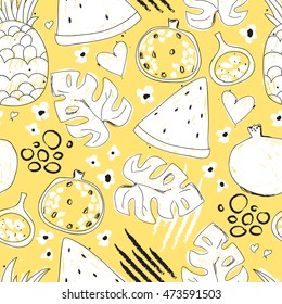 Seamless pattern with hand drawn exotic fruits and tropical leafs, vector illustration