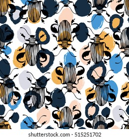 Seamless pattern with hand drawn exotic beetles.