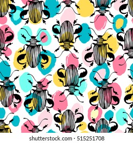 Seamless pattern with hand drawn exotic beetles.