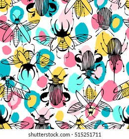 Seamless pattern with hand drawn exotic beetles.
